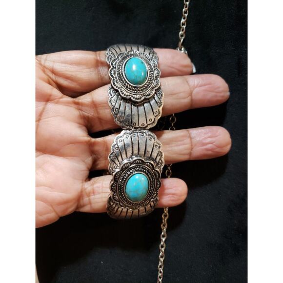 Womens Gold Tone Teardrop Turquoise Filigree Pendant Necklace with Cuff Bracelet - Picture 7 of 9